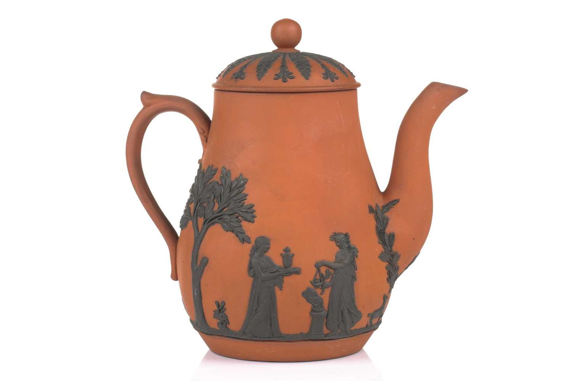 A Wedgwood rosso antico small coffee pot and cover, 19th century, with applied neo-classical - Bild 37 aus 52