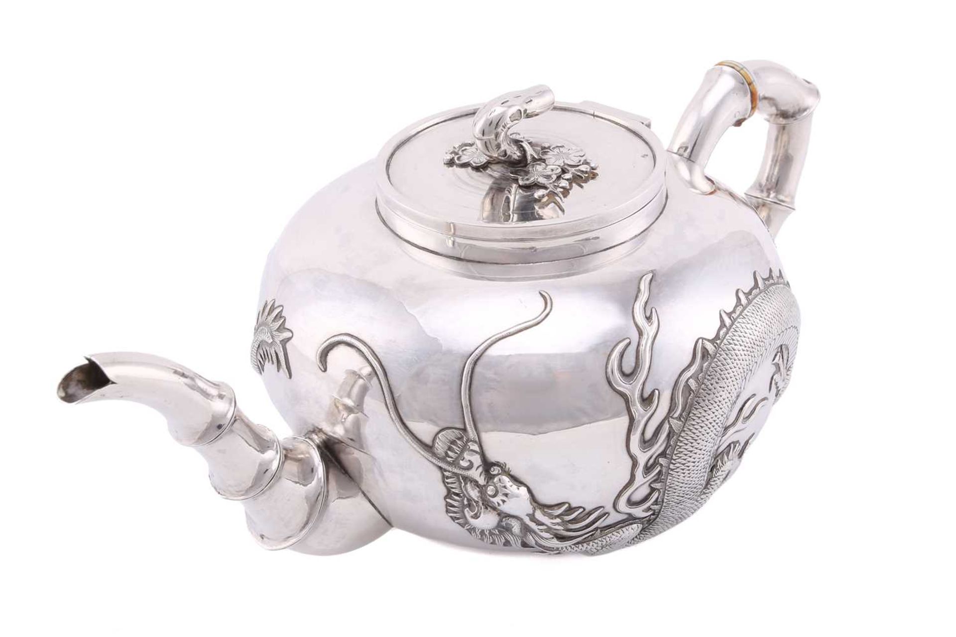A Chinese silver four piece tea set by Wang Hing, late Qing, the covers with knops in the form of - Image 8 of 24