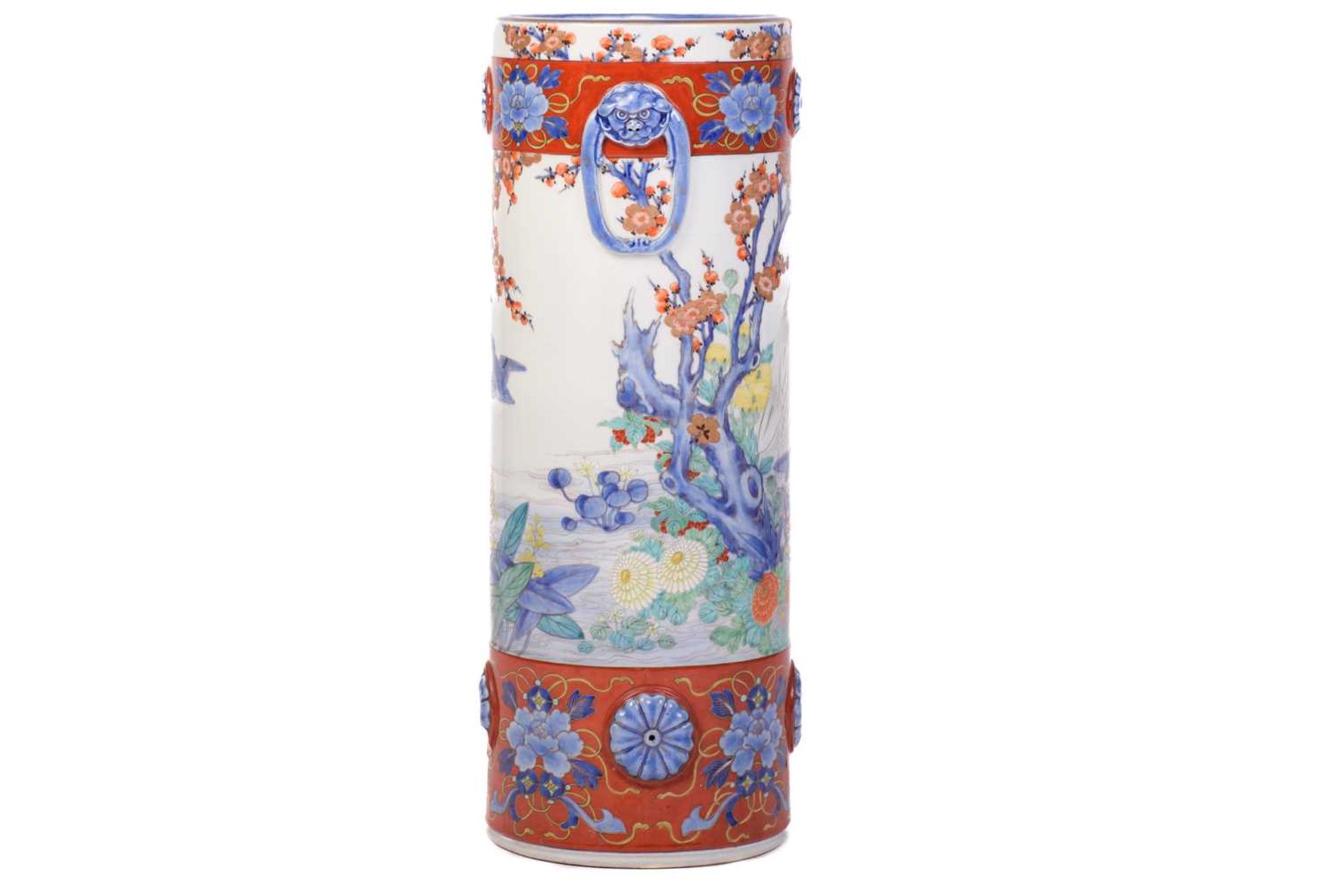 A large Japanese Fukagawa cylindrical porcelain stick stand, Meiji, late 19th century, painted