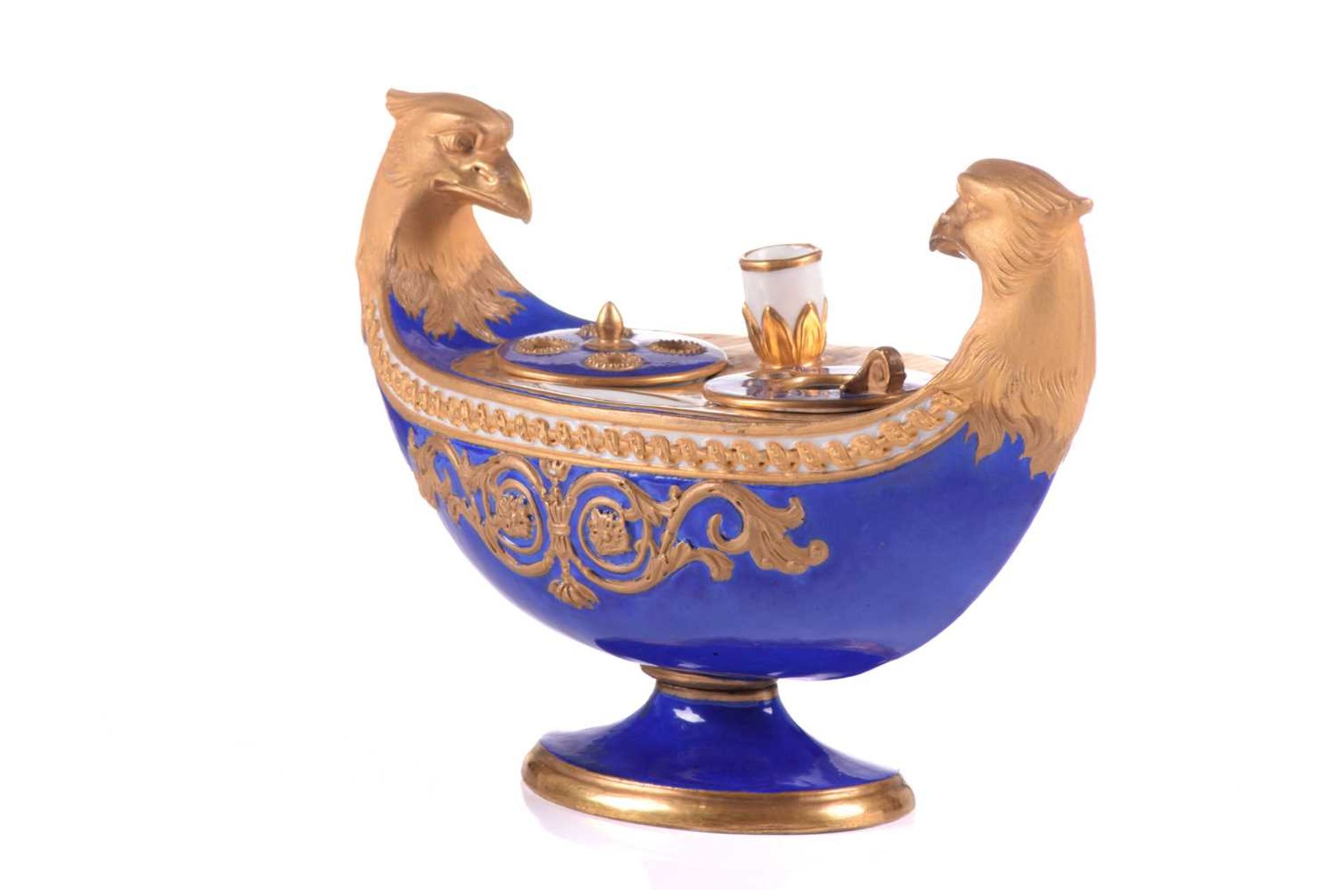 A Sevres porcelain Empire design eagle-headed double, encrier (inkstand), 19th century, the oval - Image 2 of 5