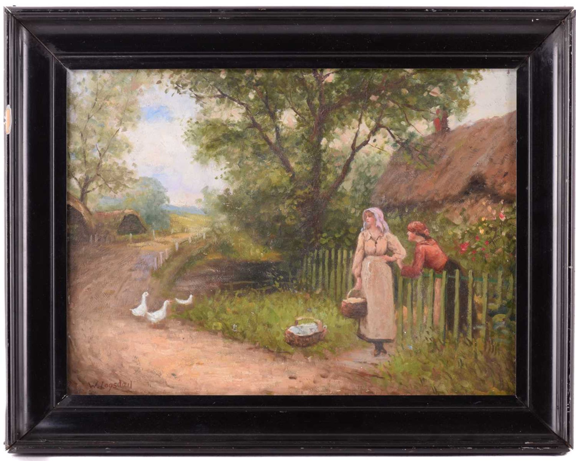 W. Logsdail (late 20th Century), Country lane with figures and thatched cottage, signed, oil on - Image 2 of 9