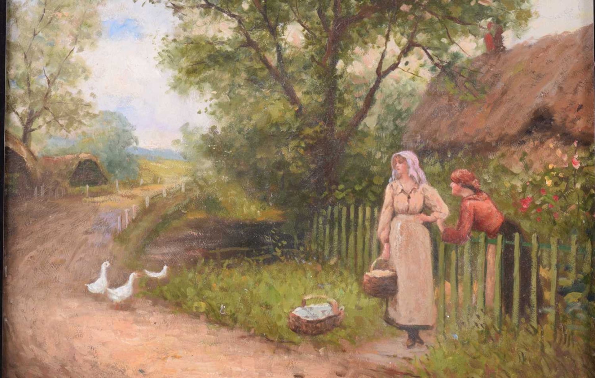 W. Logsdail (late 20th Century), Country lane with figures and thatched cottage, signed, oil on - Image 5 of 9