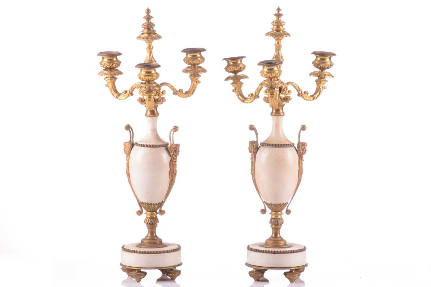 A pair of ormolu and white marble three-sconce candelabras, late 19th century, each with three - Image 2 of 11