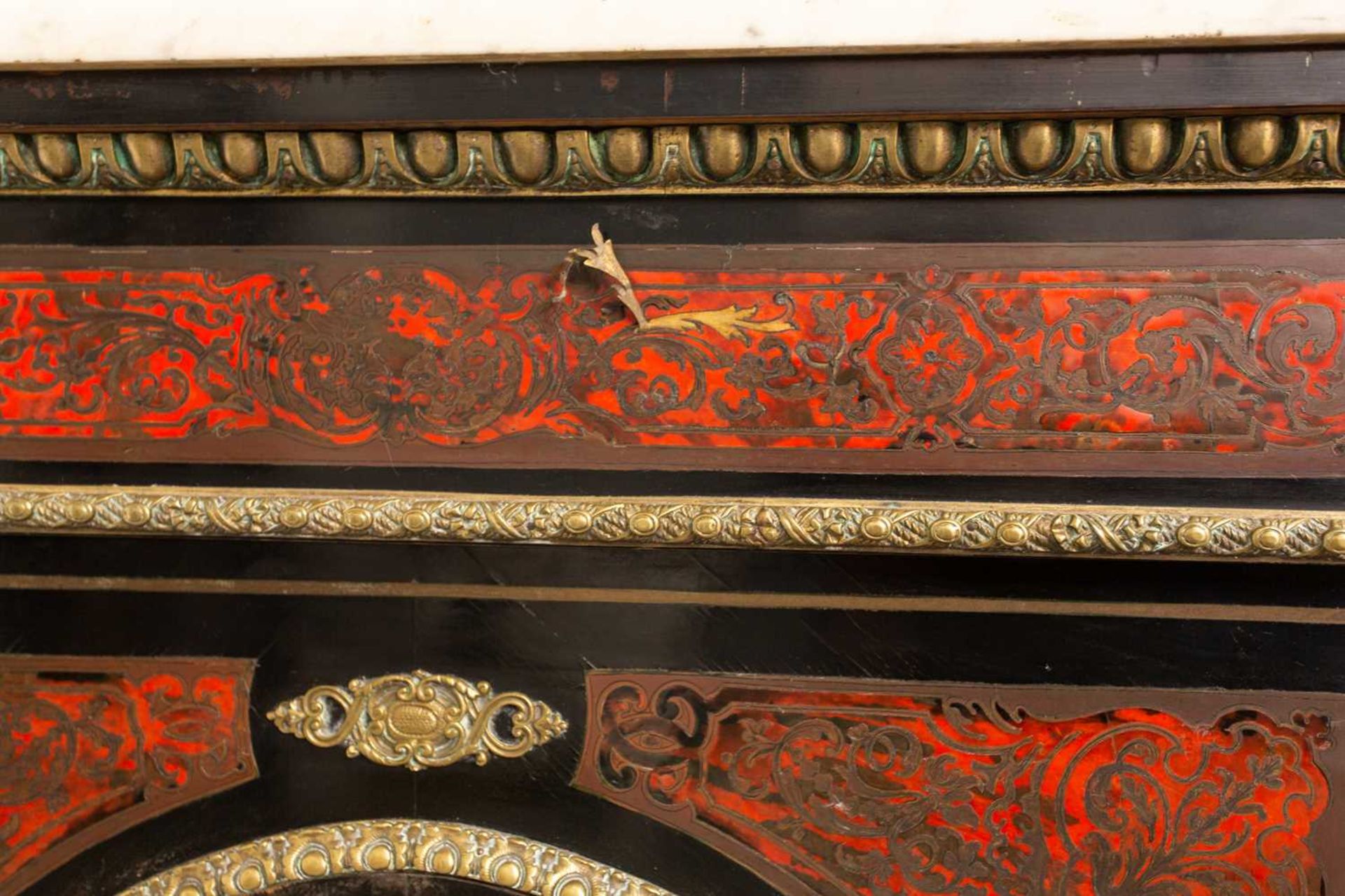 A Napoleon III marble topped ebonised and red Boule inlaid breakfront credenza, late 19th century, - Image 4 of 11