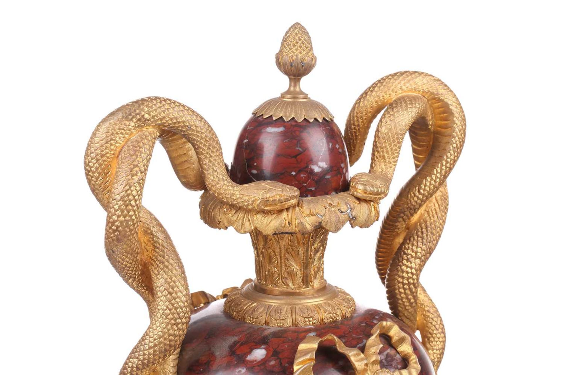 A pair of fine large Napoleon III rouge marble and ormolu serpent-handled urns and covers, each body - Image 26 of 31