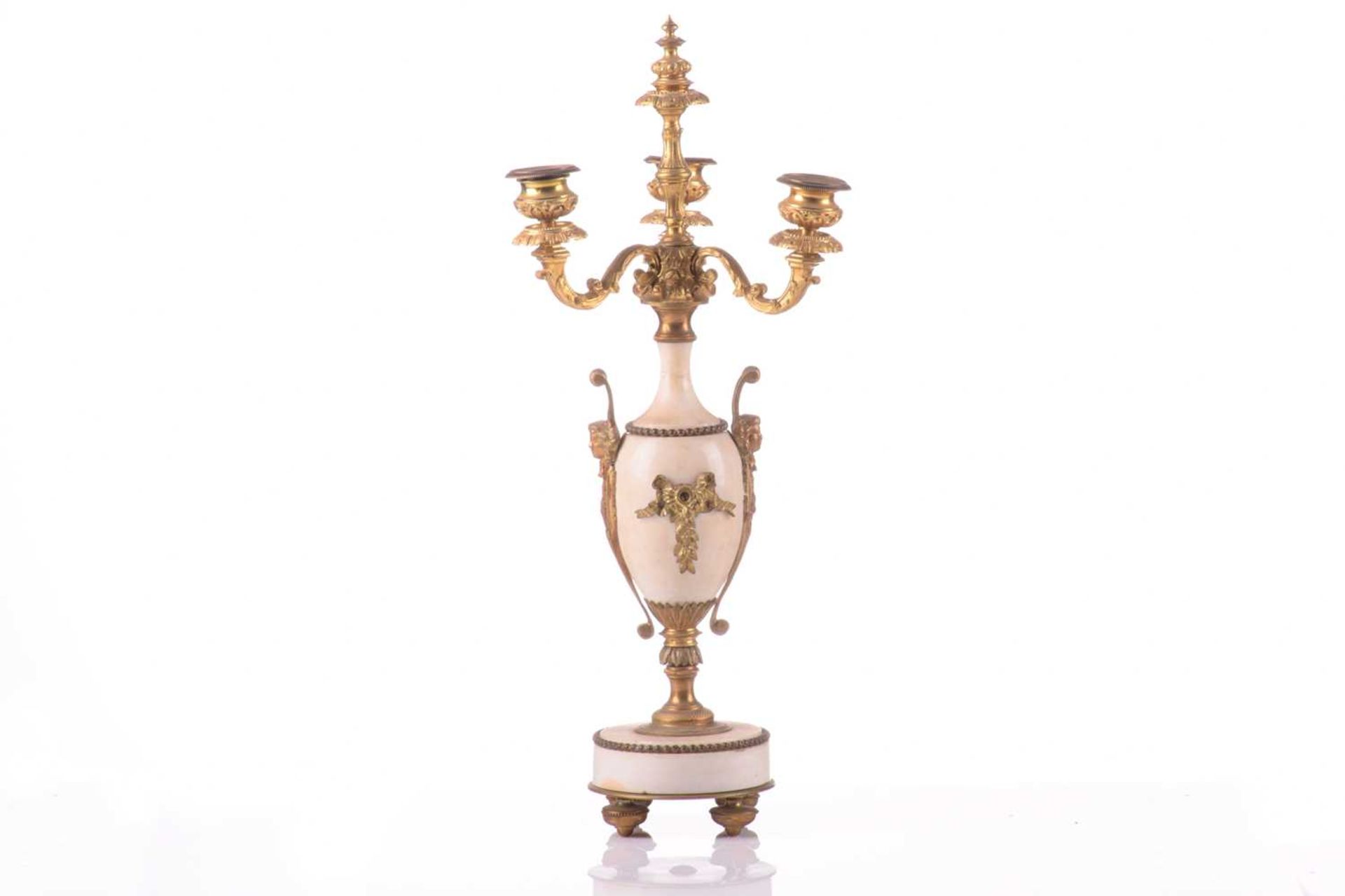 A pair of ormolu and white marble three-sconce candelabras, late 19th century, each with three - Bild 3 aus 11