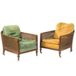 A pair of James Schoolbred, Edwardian mahogany bergere club armchairs, with guilloche carved