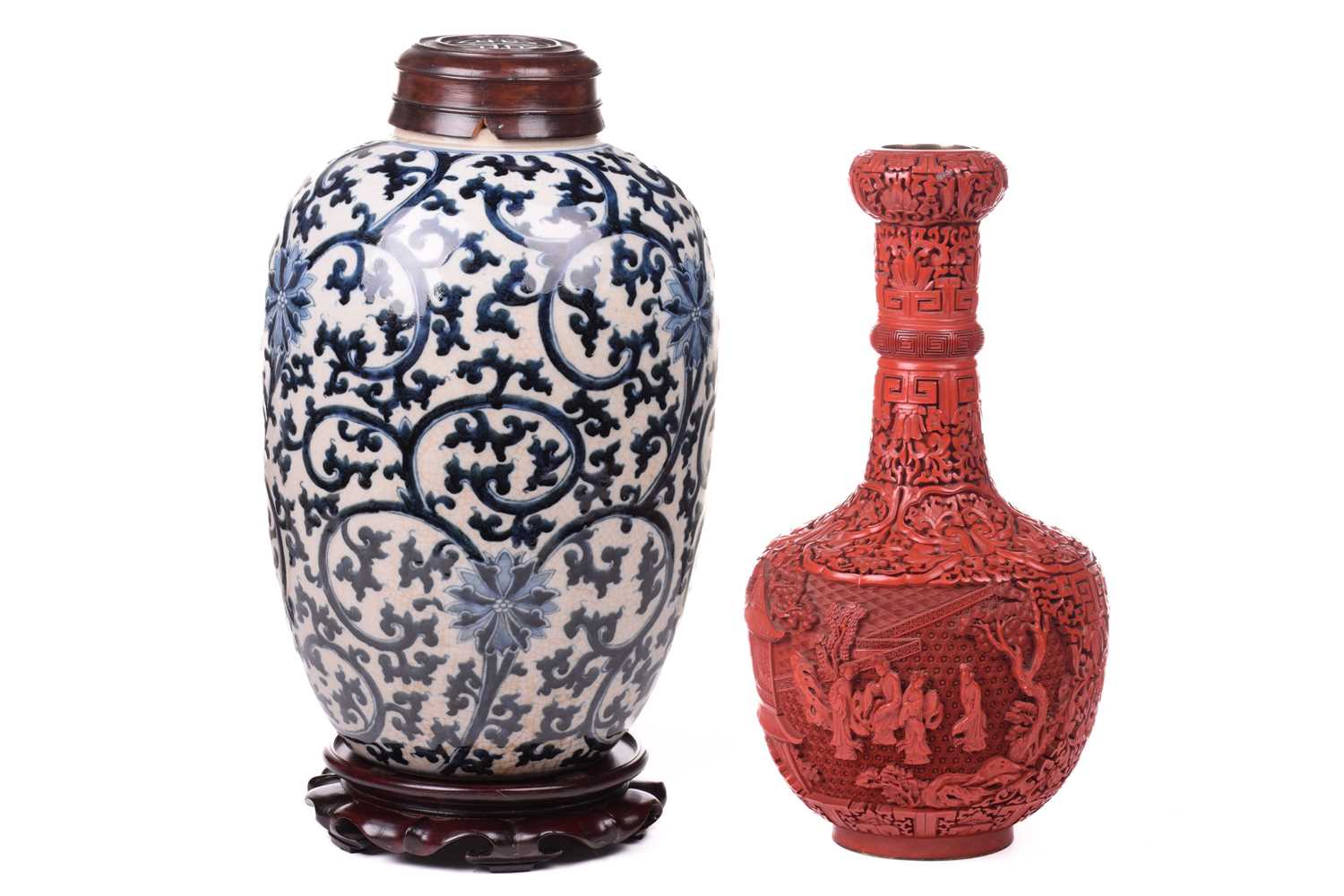 A Chinese Ming style blue and white ovoid vase, with allover foliate scroll and floral design, later