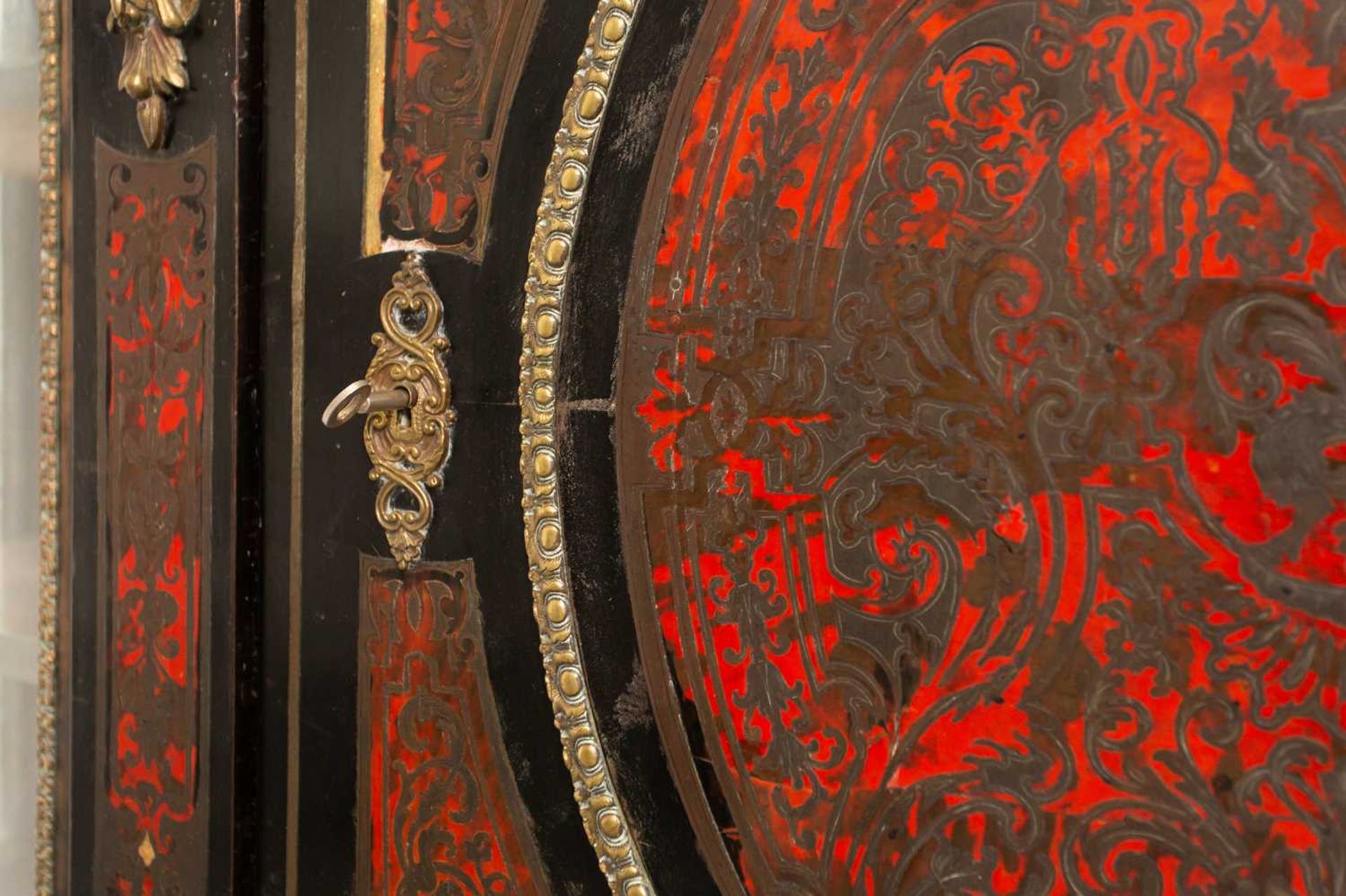 A Napoleon III marble topped ebonised and red Boule inlaid breakfront credenza, late 19th century, - Image 5 of 11