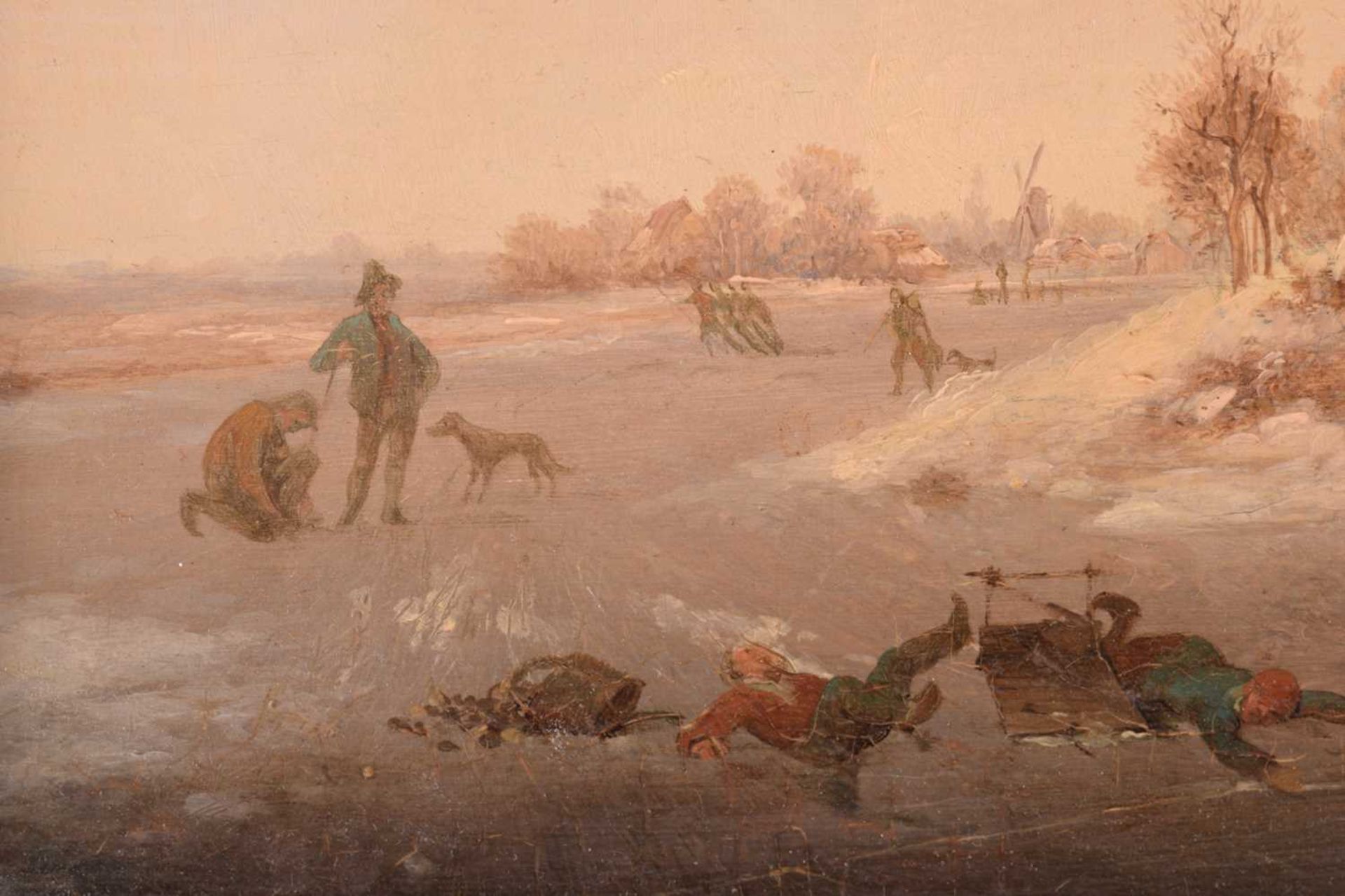 Late 18th / early 19th-century Dutch school, figures on an icy lake, unsigned oil on board, 30.5 - Bild 5 aus 8