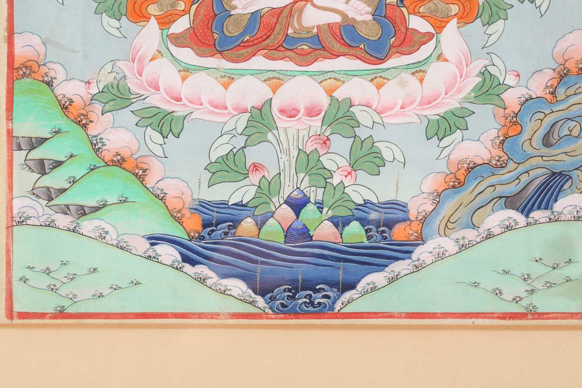 A 19th century Tibetan Buddhist Thangka, 35 cm x 28 cm glazed in an oak frame, together with a - Image 6 of 12