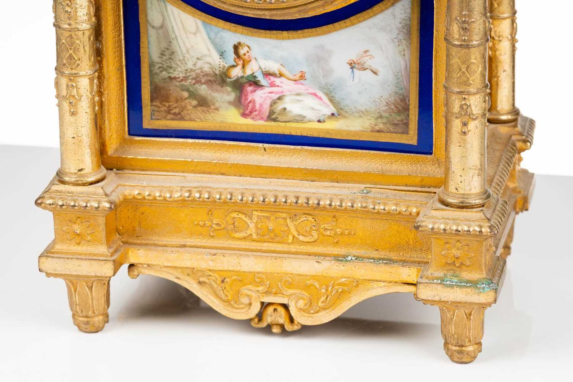 A Louis XVI-style gilt metal cased 8-day mantle clock of architectural arched form, with Sevres - Image 5 of 13
