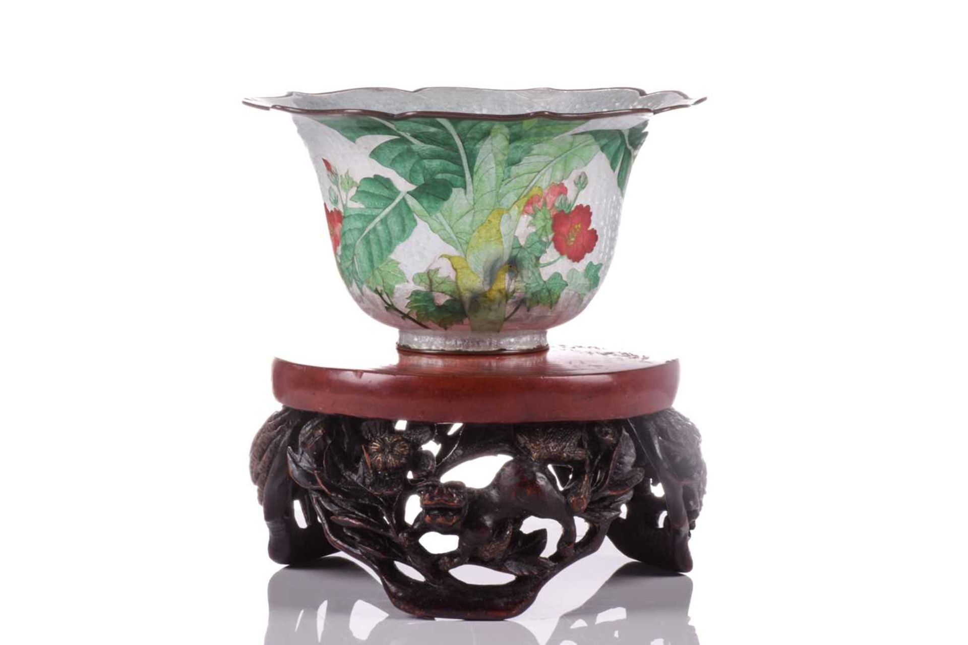 A Japanese ginbari cloisonne high sided bowl, late Meiji/Taisho, the rim of petal form bound in