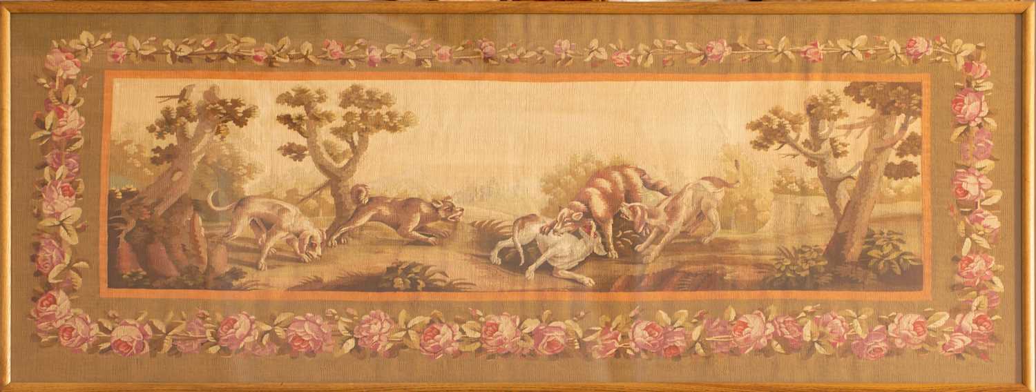A pair of Aubusson tapestry frieze panels, late 19th/20th century, each woven with combative - Image 3 of 8