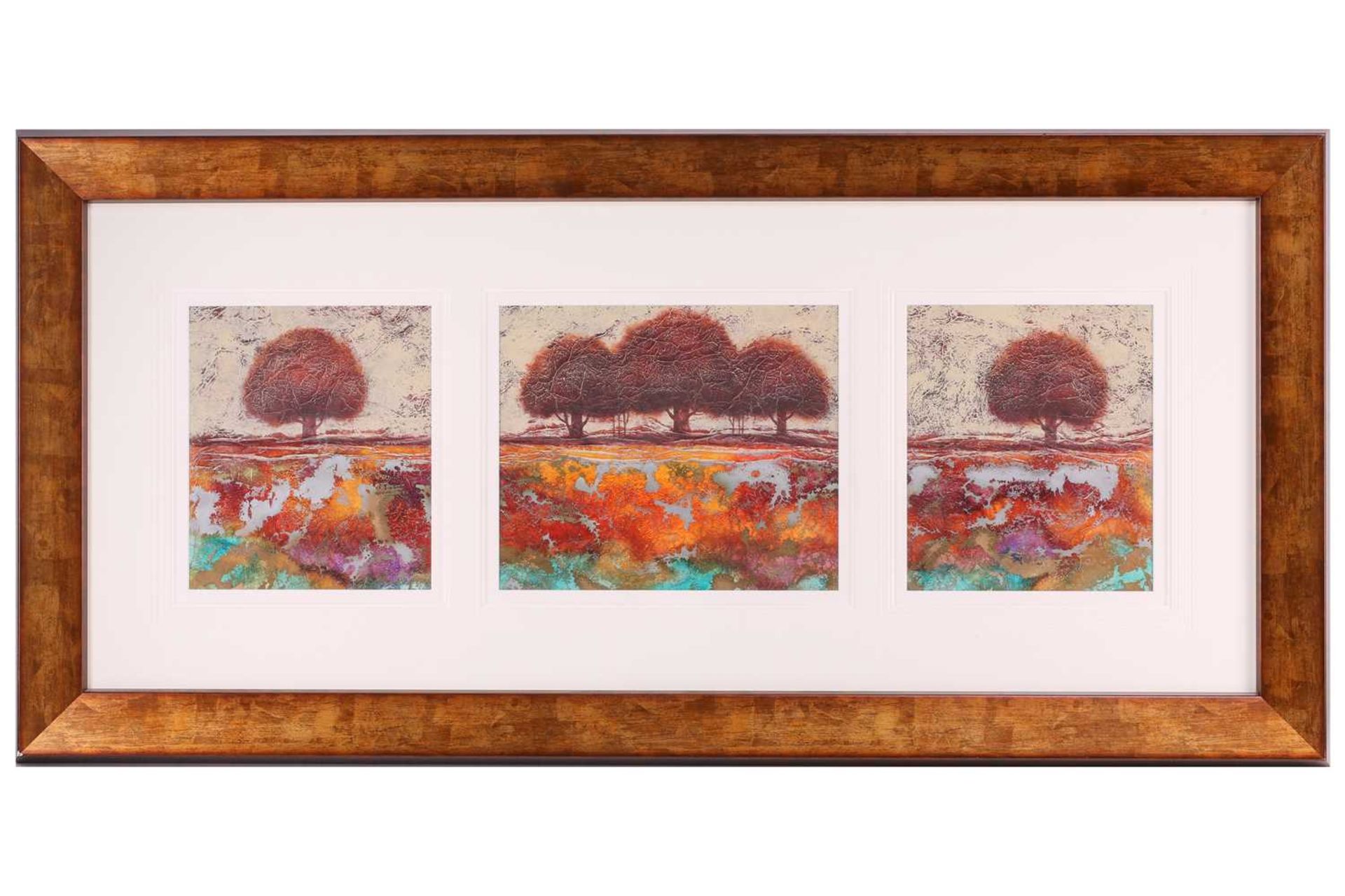 Kerry Darlington (b.1974), a large tryptych, trees, mixed media on board, signed to right-hand