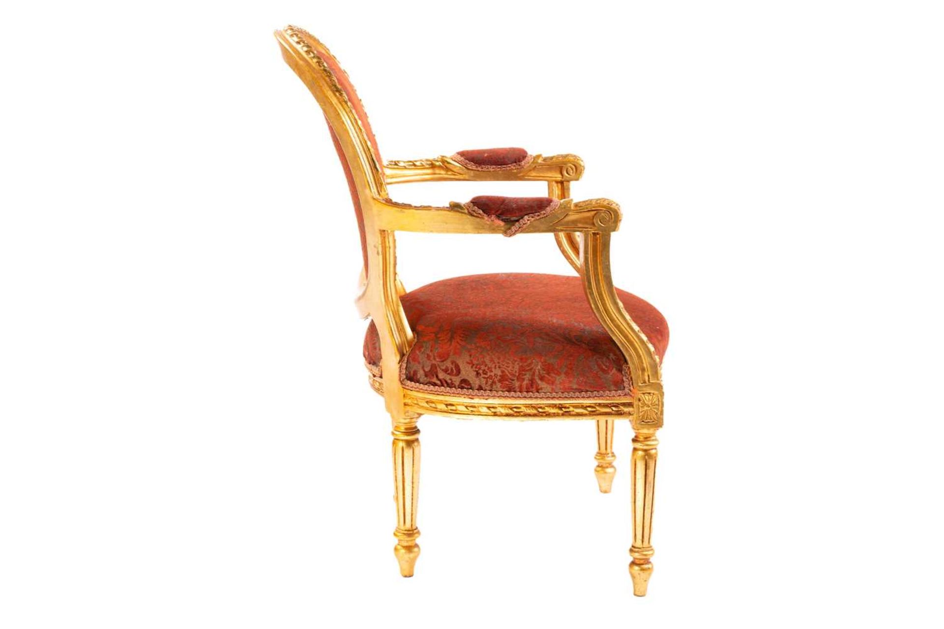 A Louis XVI style gilt wood fauteuil, 20th century, with cameo back and ribbon carved outline, - Image 8 of 17