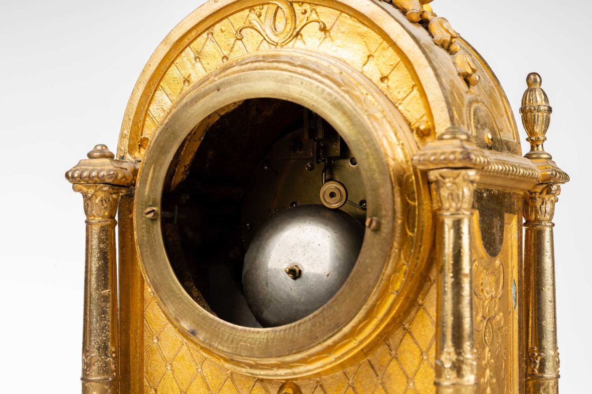 A Louis XVI-style gilt metal cased 8-day mantle clock of architectural arched form, with Sevres - Image 10 of 13
