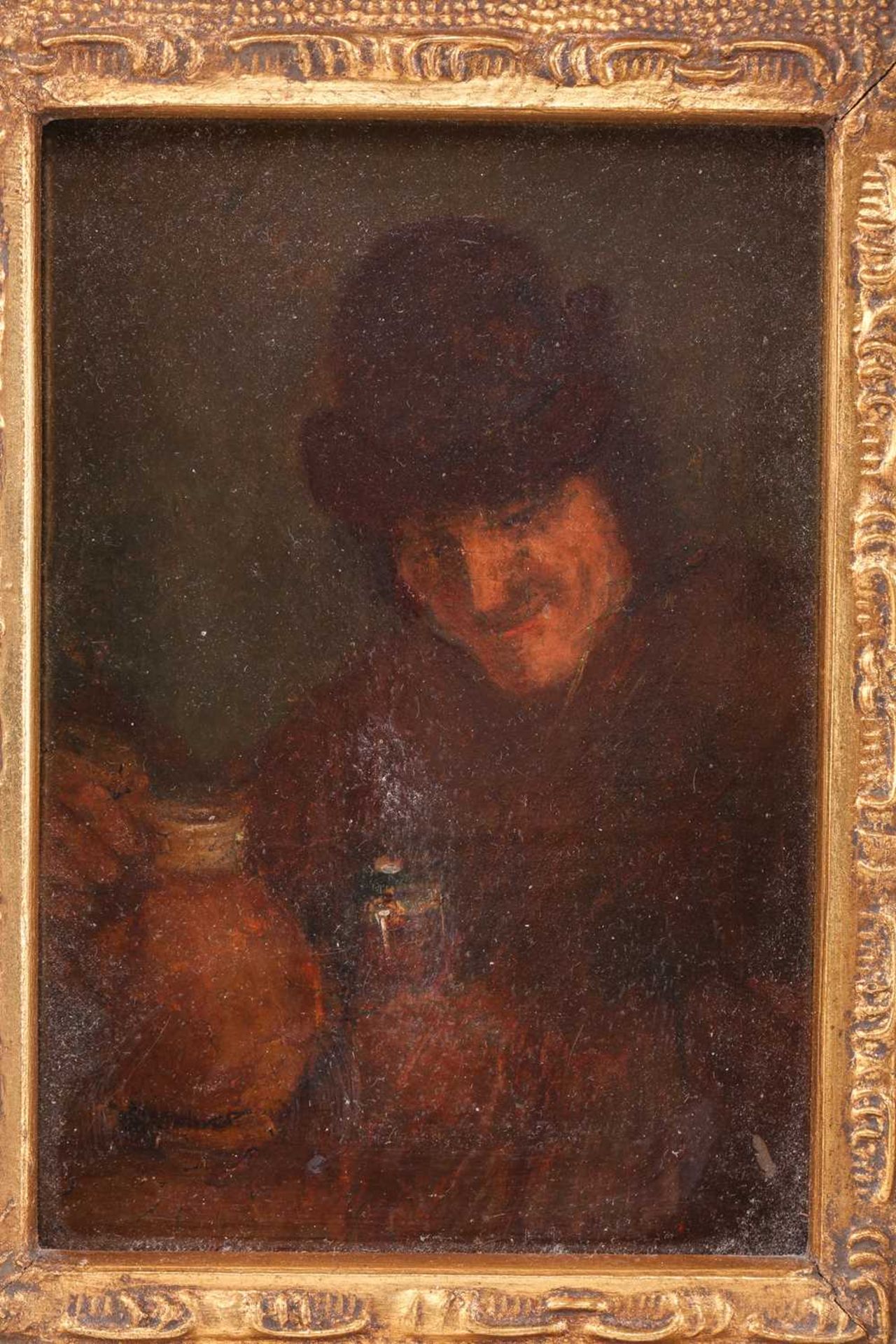 19th century continental school, a Flemish peasant regaling, oil on oak panel, ink inscribed label - Image 4 of 8