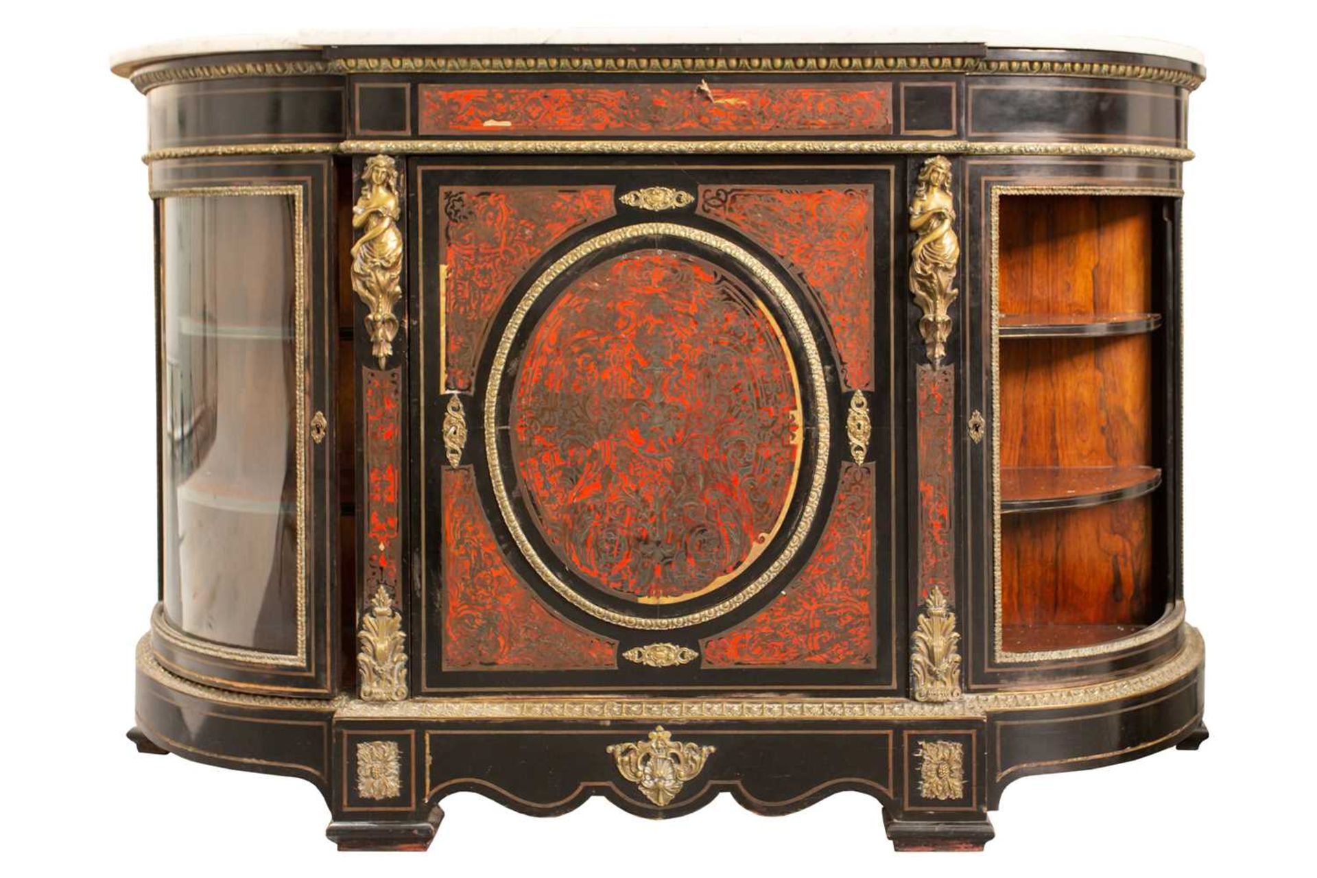 A Napoleon III marble topped ebonised and red Boule inlaid breakfront credenza, late 19th century,