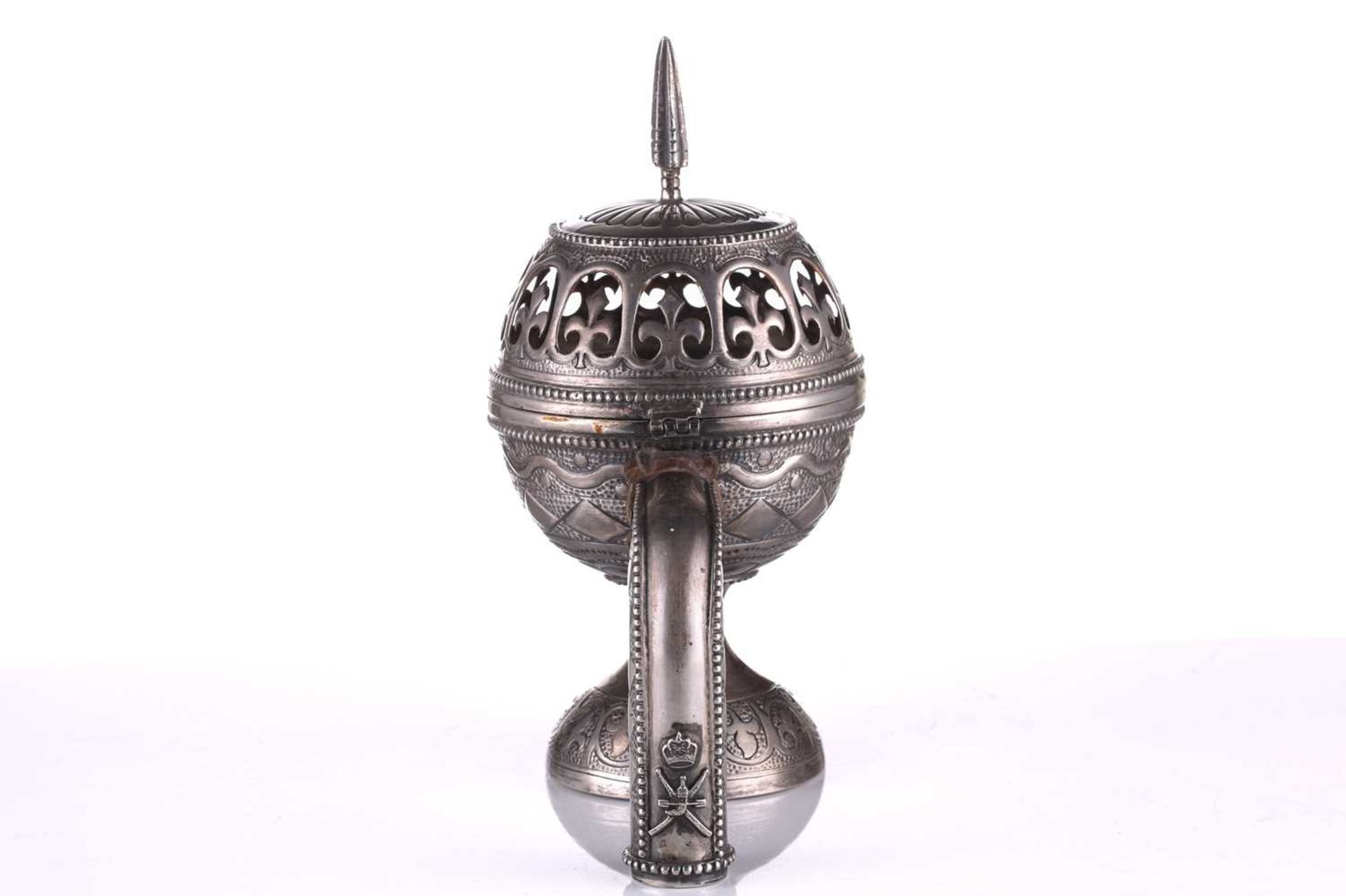 An Omani silver incense burner (Majmar), early 20th century, of typical pierced orb form with a - Image 4 of 7