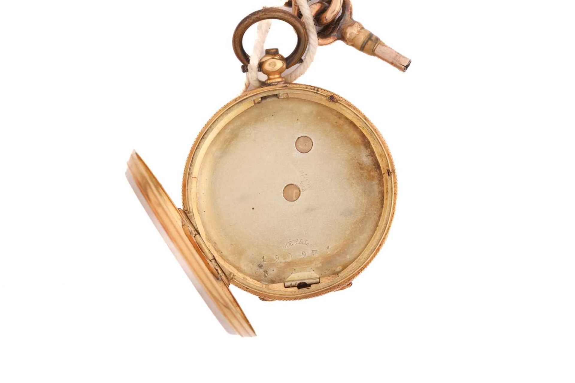An gold open-faced lady's key wind fob watch with a jewelled bridge movement and matted and tooled - Image 7 of 8