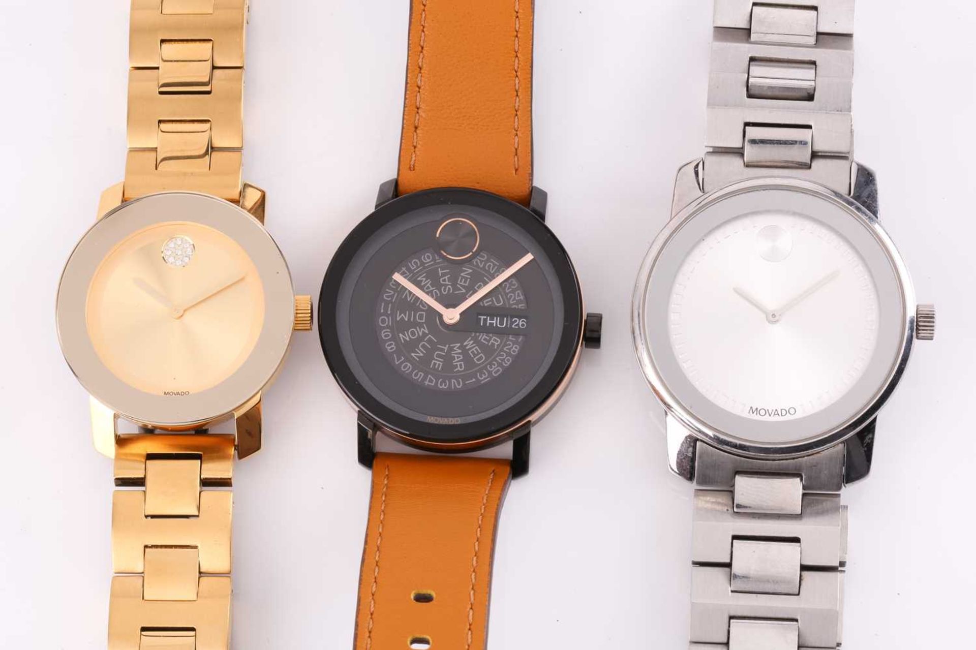 Three Movado Bold quartz wristwatches, in stainless steel (42mm case), gold plated (36mm case) and - Image 2 of 14