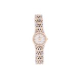 An Omega DeVille diamond set two tone ladies wristwatch, the mother-of-pearl dial with diamond-set