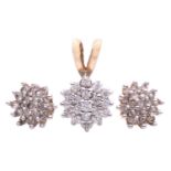 A pair of diamond cluster earrings and a CZ pendant; the pair of diamond cluster stud earrings on