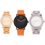 Three Movado Bold quartz wristwatches, in stainless steel (42mm case), gold plated (36mm case) and