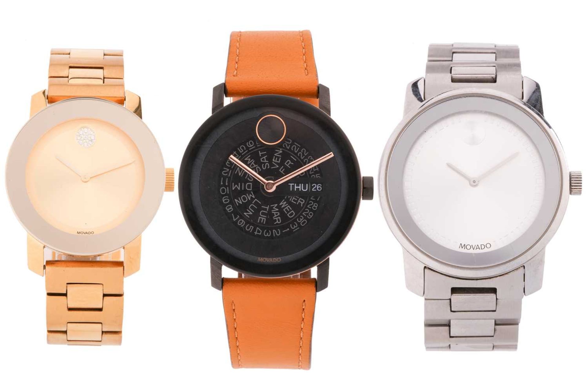 Three Movado Bold quartz wristwatches, in stainless steel (42mm case), gold plated (36mm case) and