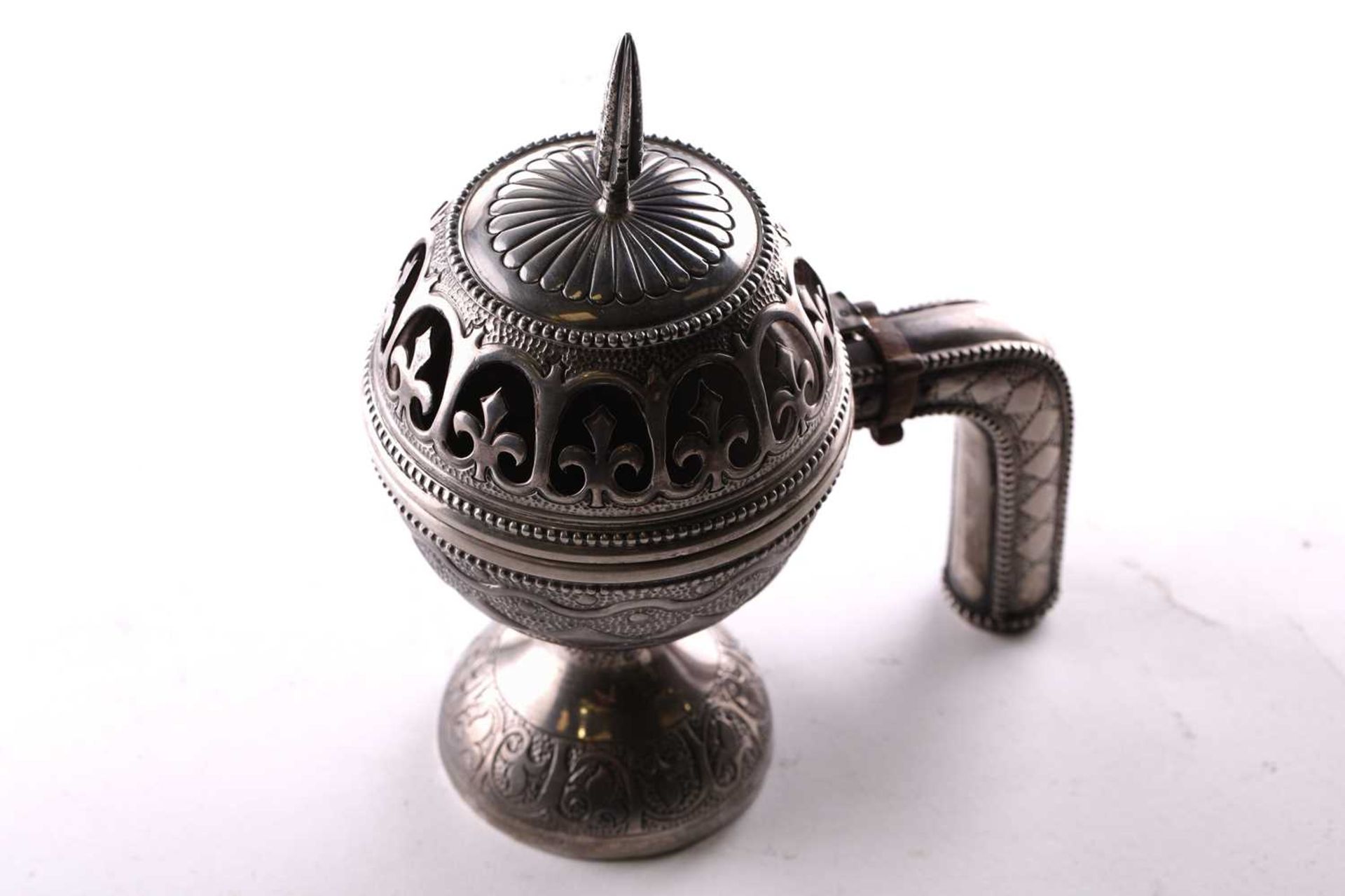 An Omani silver incense burner (Majmar), early 20th century, of typical pierced orb form with a - Image 6 of 7