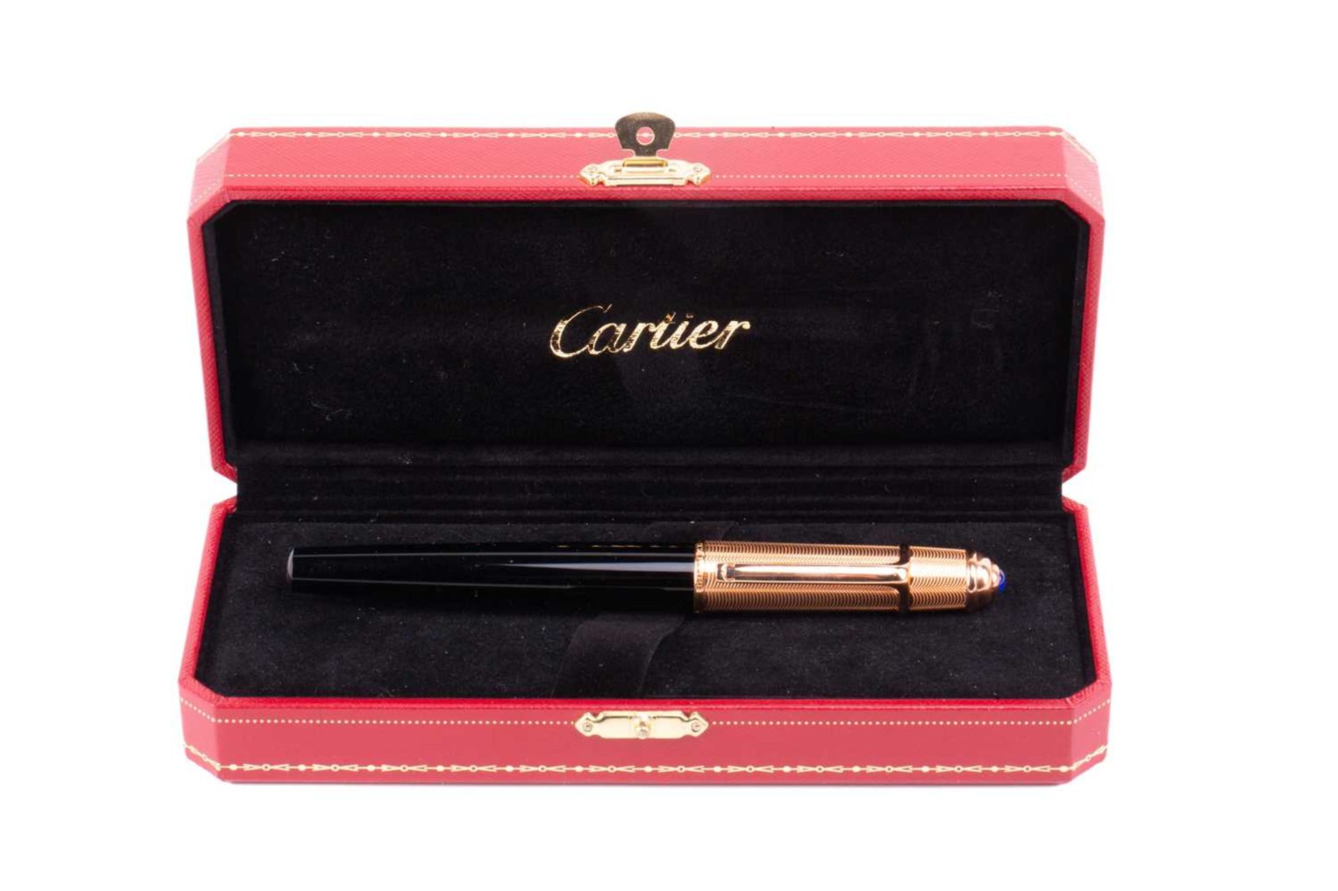 Cartier - A black composite rollerball pen with rose gold plated screw cap with blue glass - Image 5 of 8