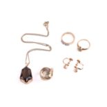 A small collection of jewellery; comprising a shield-shaped smokey quartz pendant on fine cable