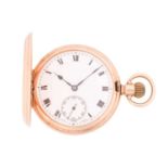 A George V 9ct yellow gold full hunter pocket watch, the white enamel dial with black Roman numerals