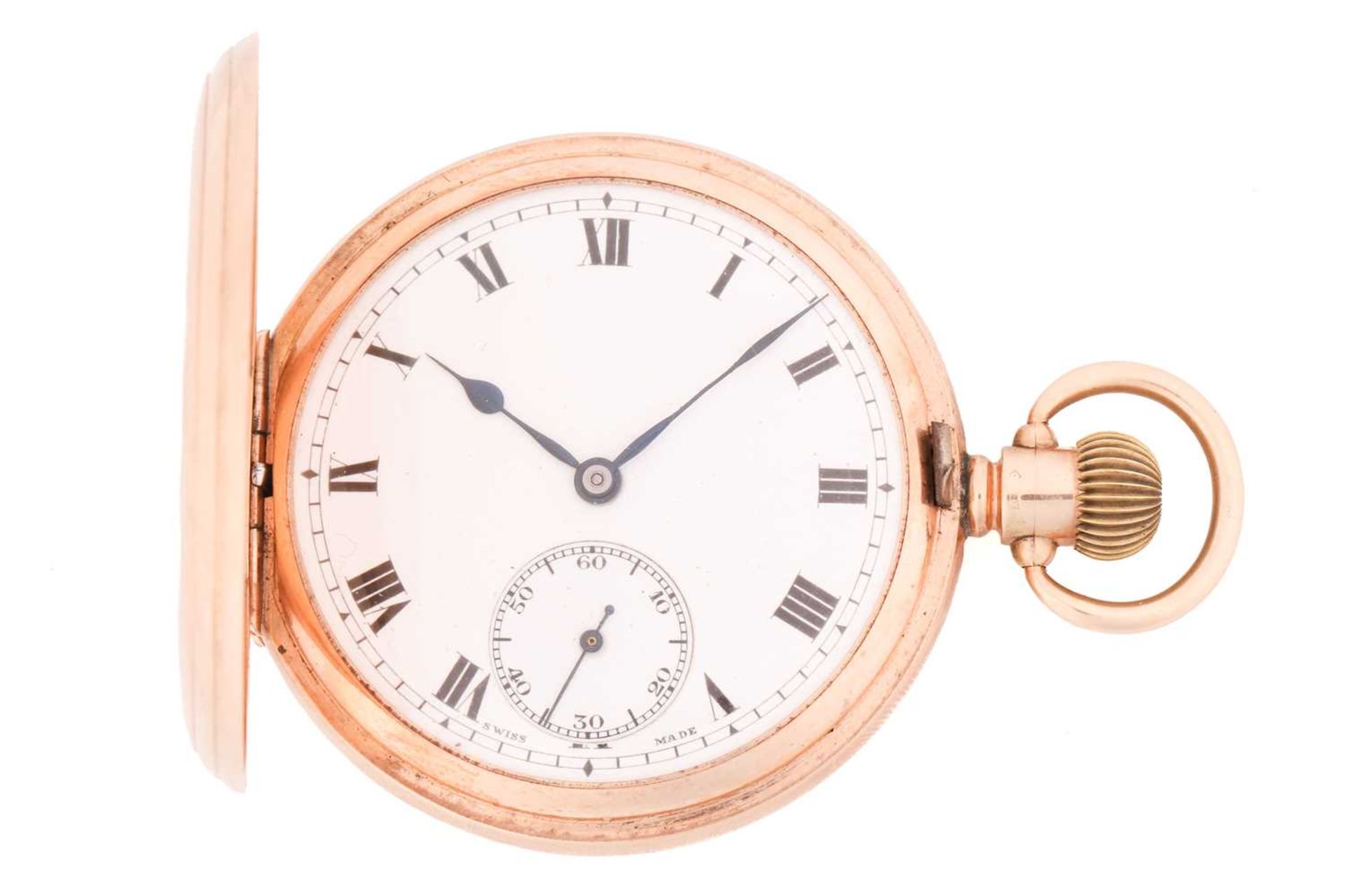 A George V 9ct yellow gold full hunter pocket watch, the white enamel dial with black Roman numerals