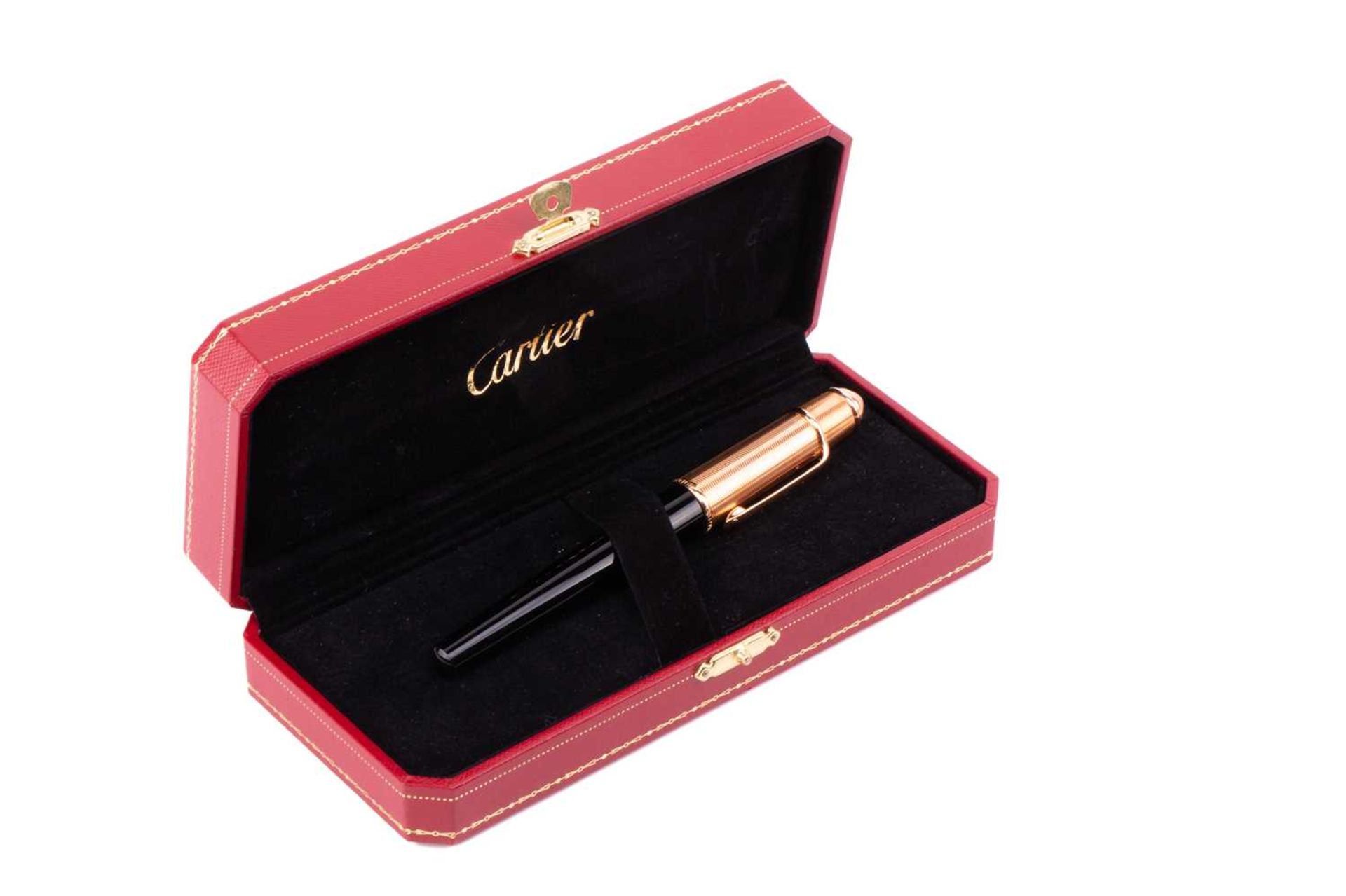 Cartier - A black composite rollerball pen with rose gold plated screw cap with blue glass - Image 6 of 8