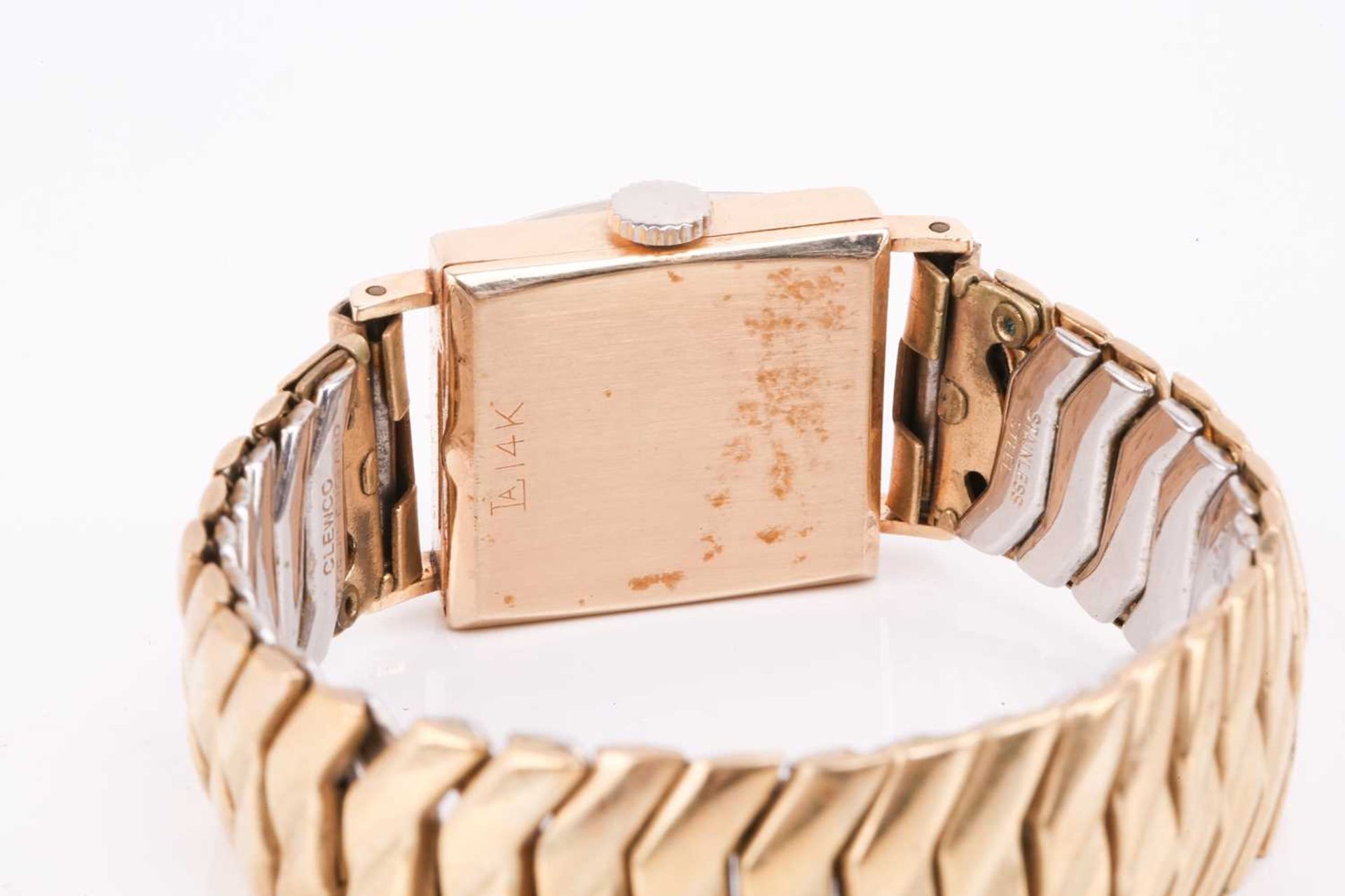 An Art Deco ladies 14k yellow gold wristwatch, on a gold-plated steel expanding bracelet, with - Image 4 of 4
