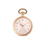 A 14ct yellow gold open face pocket watch, the white enamel dial with Arabic numerals and subsidiary