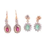 Two pairs of gem-set drop earrings; comprising a pair of ruby and diamond halo drop earrings, to