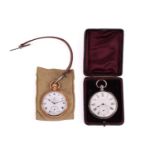 A 9 carat rose gold open face pocket watch; the white enamel dial with Roman numerals and subsidiary