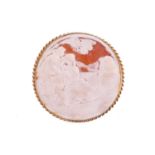 A large shell cameo brooch in 9ct gold, depicting a scene with a couple underneath the tree by a
