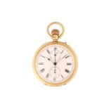 An 18ct yellow gold open face chronograph pocket watch, the white enamel dial with black Roman