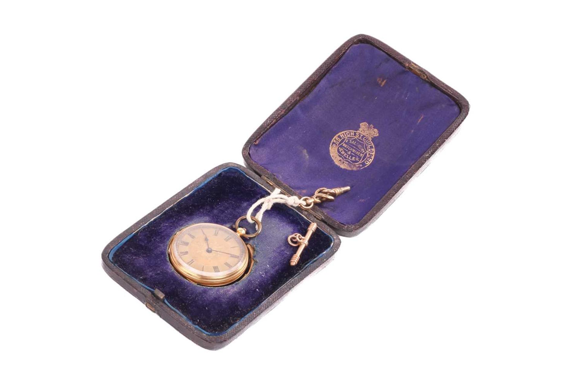 An gold open-faced lady's key wind fob watch with a jewelled bridge movement and matted and tooled - Image 3 of 8