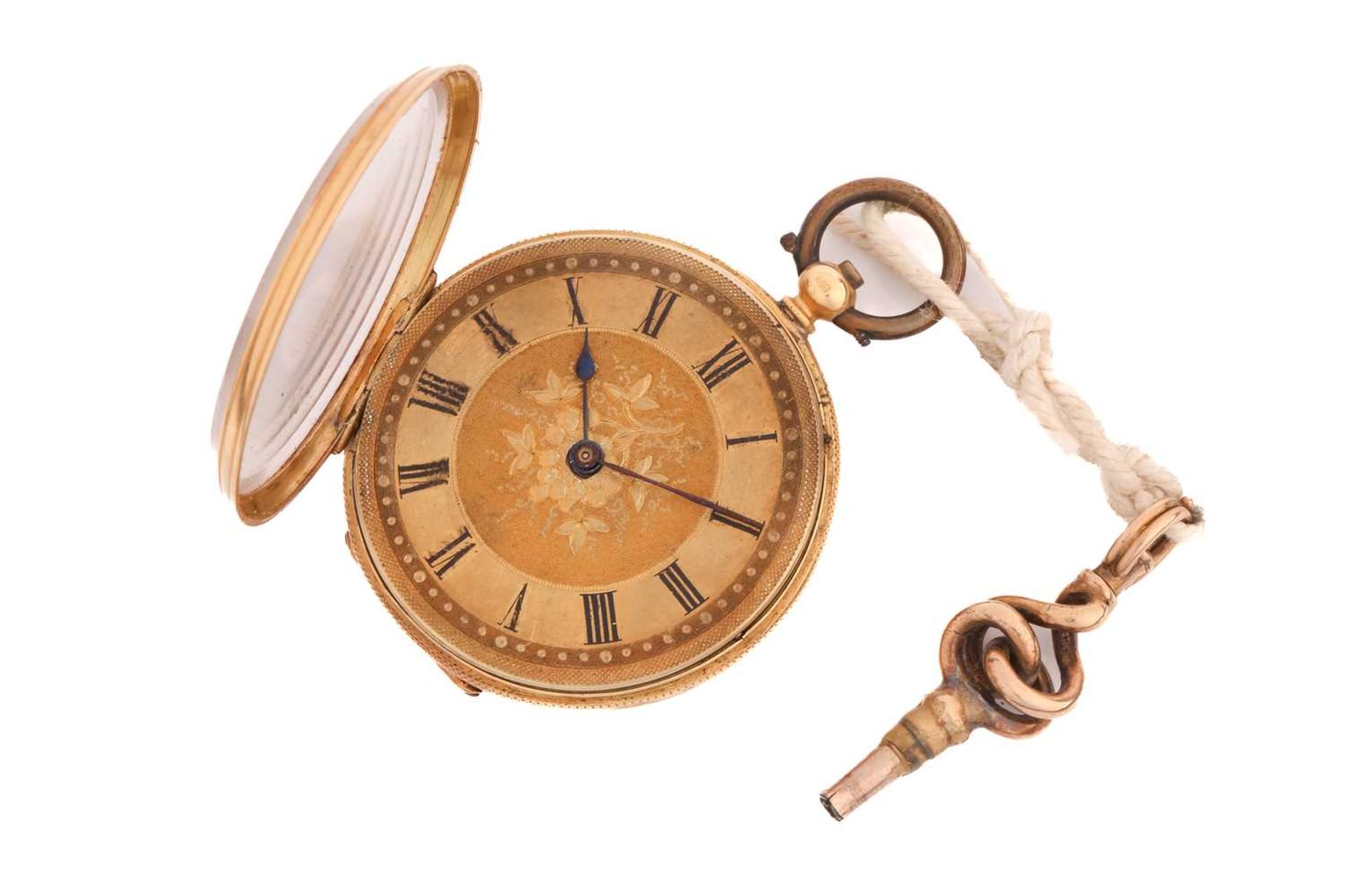 An gold open-faced lady's key wind fob watch with a jewelled bridge movement and matted and tooled