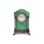 A French silver and apple green guilloché enamel miniature clock; of architectural form with black