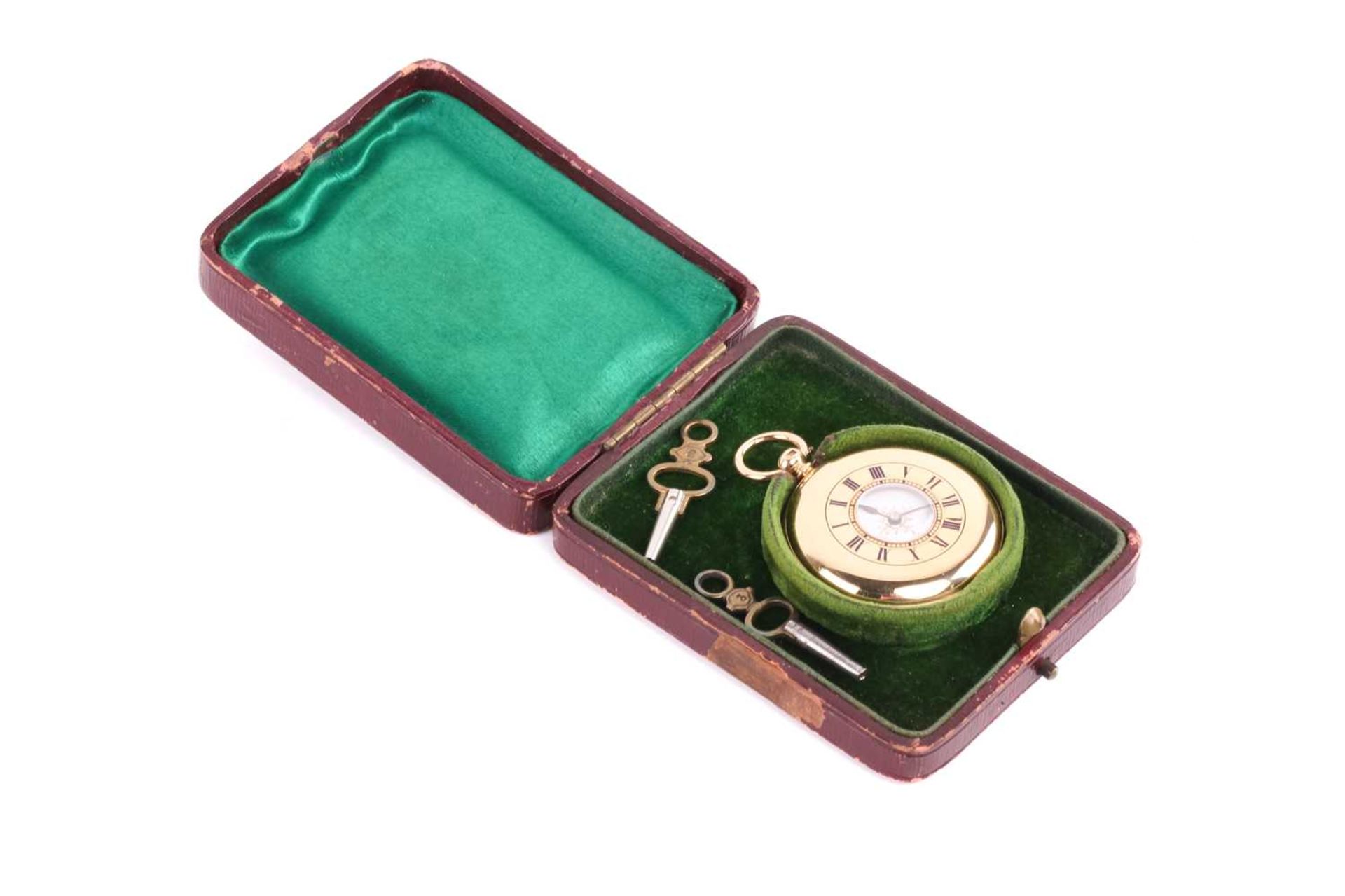 An 18k gold and enamel ladies half-hunting cased key wind pocket watch, with jewelled movement - Image 3 of 8