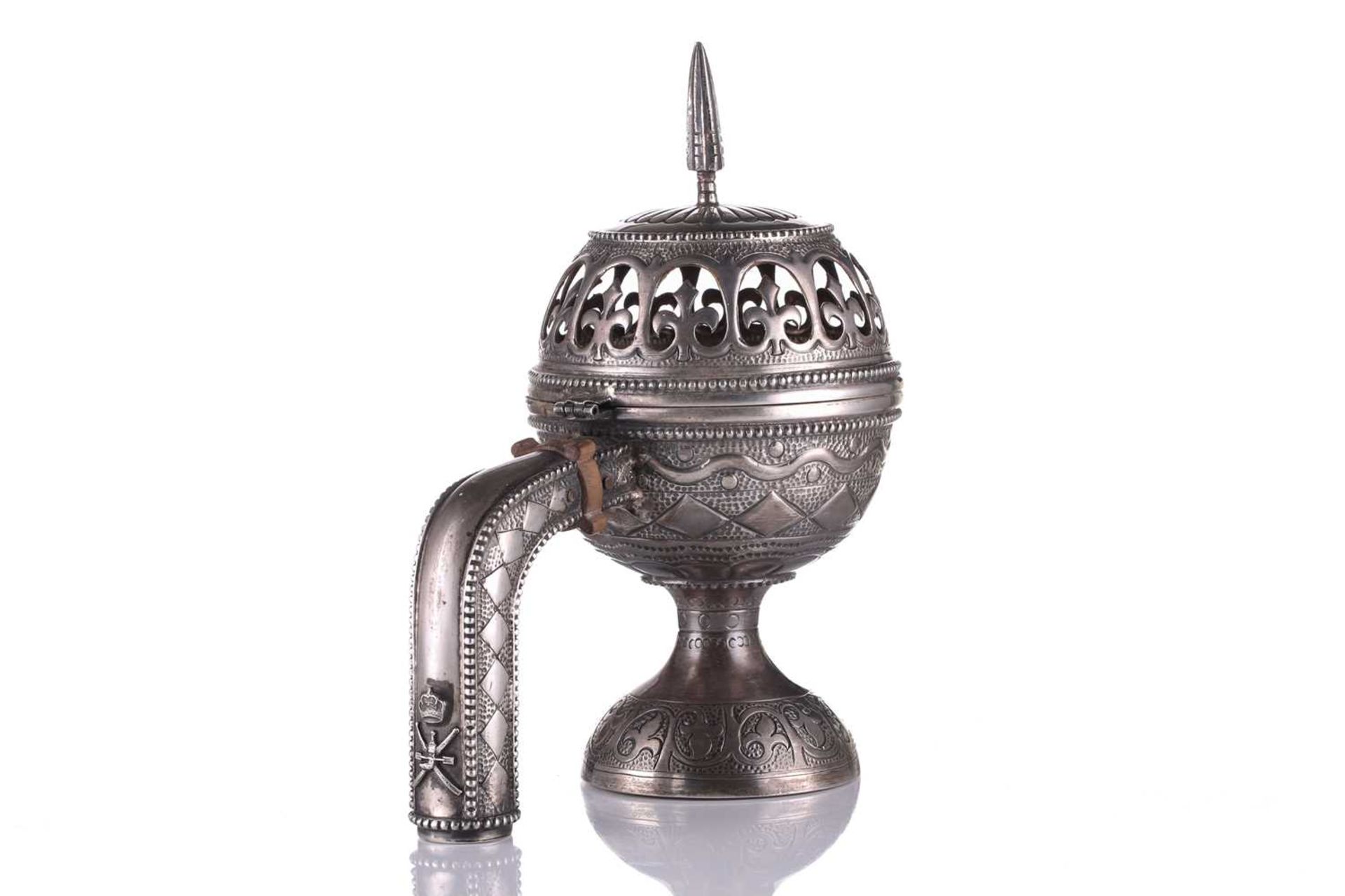 An Omani silver incense burner (Majmar), early 20th century, of typical pierced orb form with a - Image 3 of 7