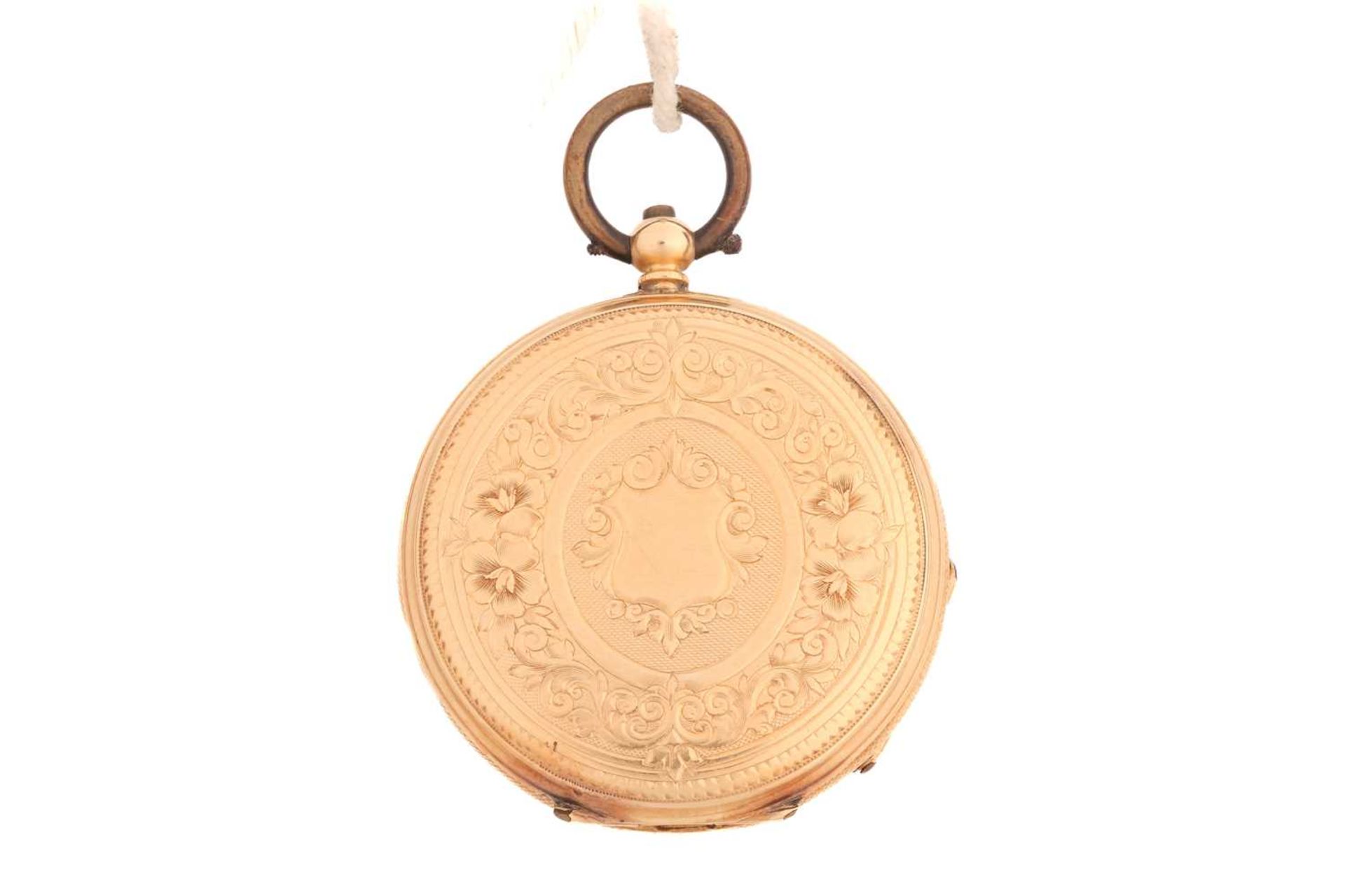 An gold open-faced lady's key wind fob watch with a jewelled bridge movement and matted and tooled - Image 2 of 8