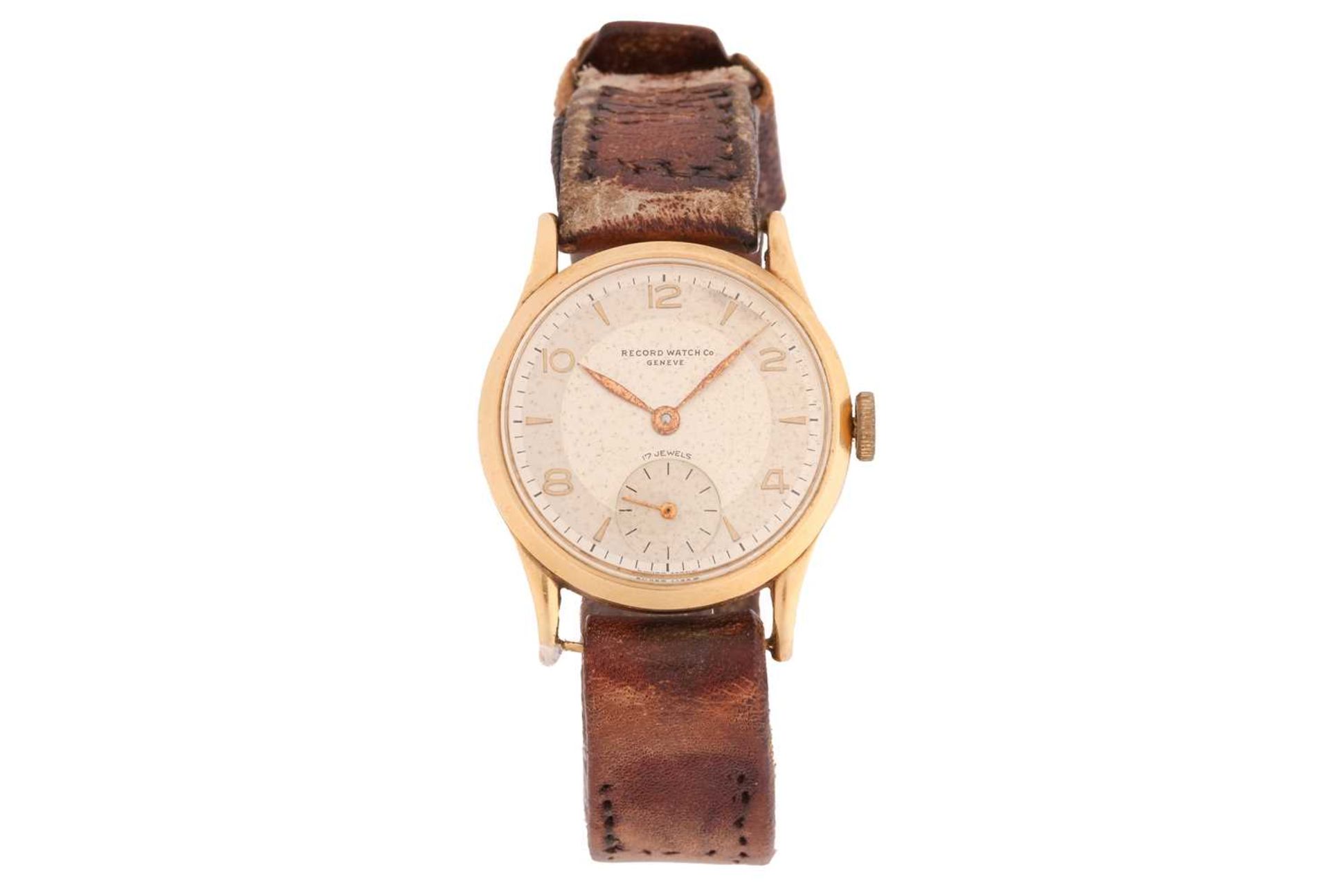 A Record Watch Co. Geneve 18ct yellow gold wristwatch, the silvered dial with gilt numerals and