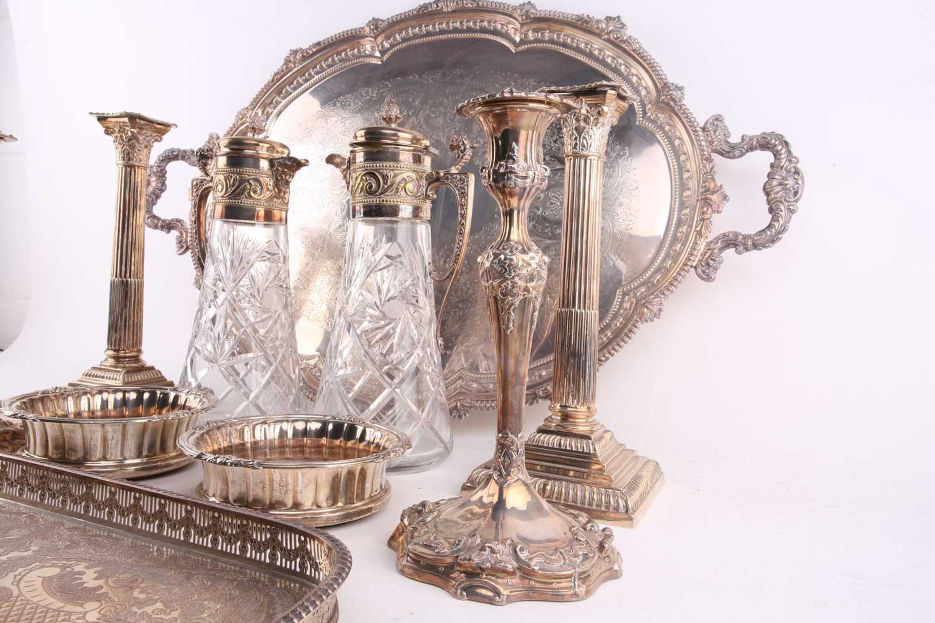 A quantity of silver plate comprising: a pair of Corinthian column candlesticks, another pair of - Image 2 of 9